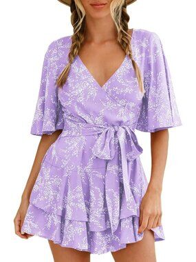 Women's Lavender Summer Sexy Short Flared Sleeve V Neck Floral Print Jumpsuit